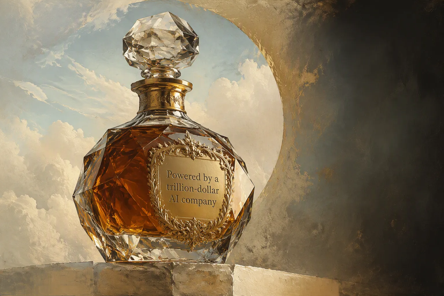 Bình rượu whisky siêu sang khắc dòng “Powered by a trillion-dollar AI company”, tượng trưng cho lớp vỏ hào nhoáng của automation.